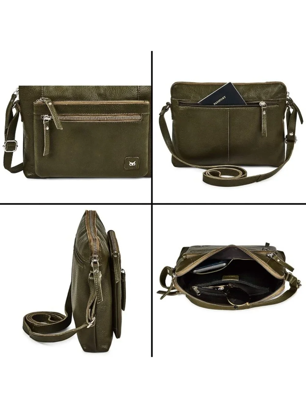 Women's Olive Genuine Leather Sling Purse with Adjustable Strap Crossbody bag